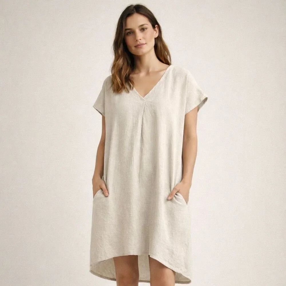 P Cill Linen Blend Beige Shift Dress Oversized Minimalist Small